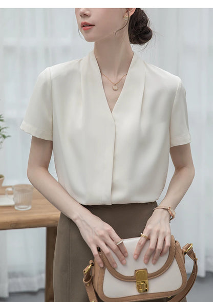 2025 Fashion Summer Short Sleeve V-Neck Women Blouse White Blouse Shirt Women Tops Blouses Shirts Blusas Para Mujer Camisas XL86