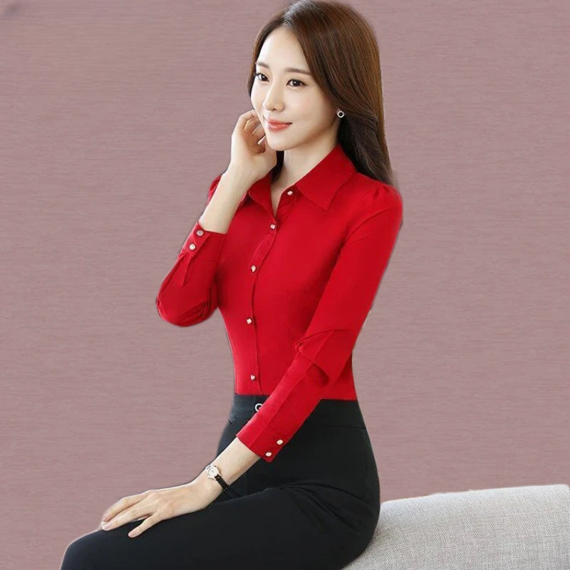 Red Women's Shirt Long Sleeve Blouse Autumn Women Shirts and Blouses Korean Fashion Slim Business Dress Shirt Women's Work Shirt.