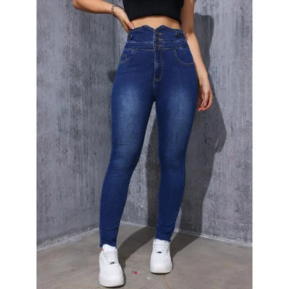 High Waist Elastic Denim Pants Slim Fit Women's Ankle Length Jeans Decorative Button Casual Fashionable Trousers