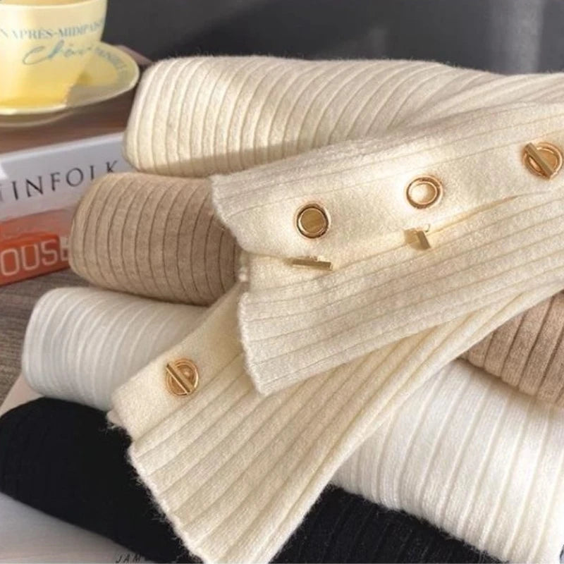 2025, weibliche Casual Tops Pullover Frauen Herbst Winter Gestrickte Dünne Pullover Feste Taste Volle Hülse Halb Hohen Kragen Pullover.