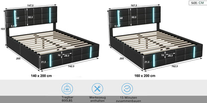 Lazyspace PU-Polsterbett, anhebbarer Bettrahmen mit Stauraum, 2 USB-Anschlüsse + LED-Licht, moderne Schlafzimmermöbel für Zuhause, 140/160 x 200 cm
