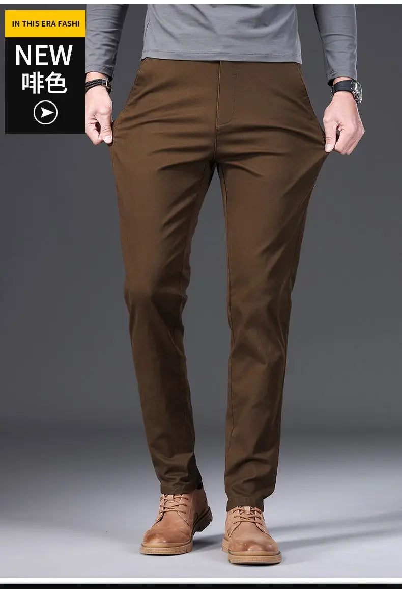Cotton Men's Casual Pants Straight Stretch Trouser Male Fashion Slim Business Dress Golf Office Spring Autumn Khaki Black Formal