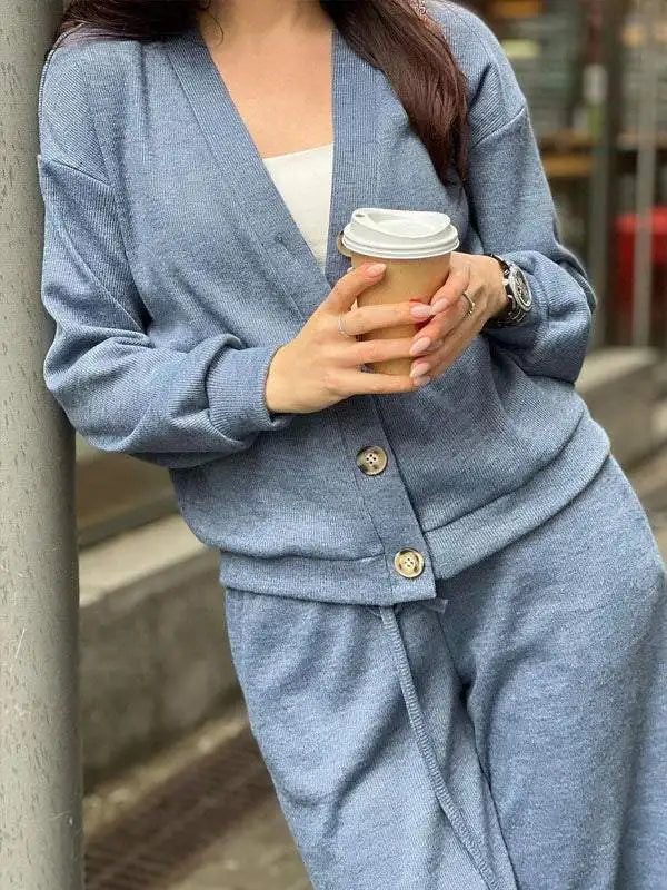 Autumn Fashion Knitted Cotton Women's Sports Jacket Suit Simple Trousers Pocket Casual Cardigan Elegant 2-piece Set Female.
