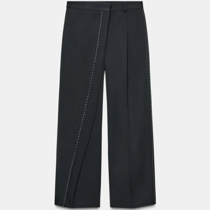 Fashion Line Suit Pants Set Women Lapel Full Sleeve Double Breast Pocket Blazer Straight Trousers 2025 Autumn Winter Lady Outfit.