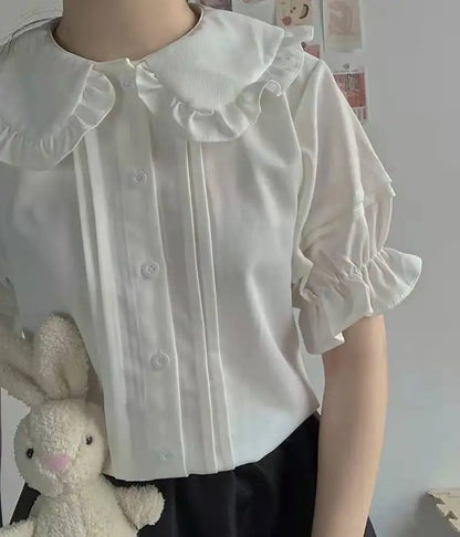 Shirts Women Japanese Style Pure Slim Summer Kawaii Schoolgirl Jk Daily Blusas Short Sleeve Casual Preppy Mujer Peter Pan Collar.