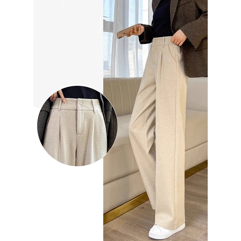 2024 Autumn Winter Women Concise Woolen Pants Lady Wide Leg Designer Outside Trousers Female Thicken High Waisted Draping Pants.