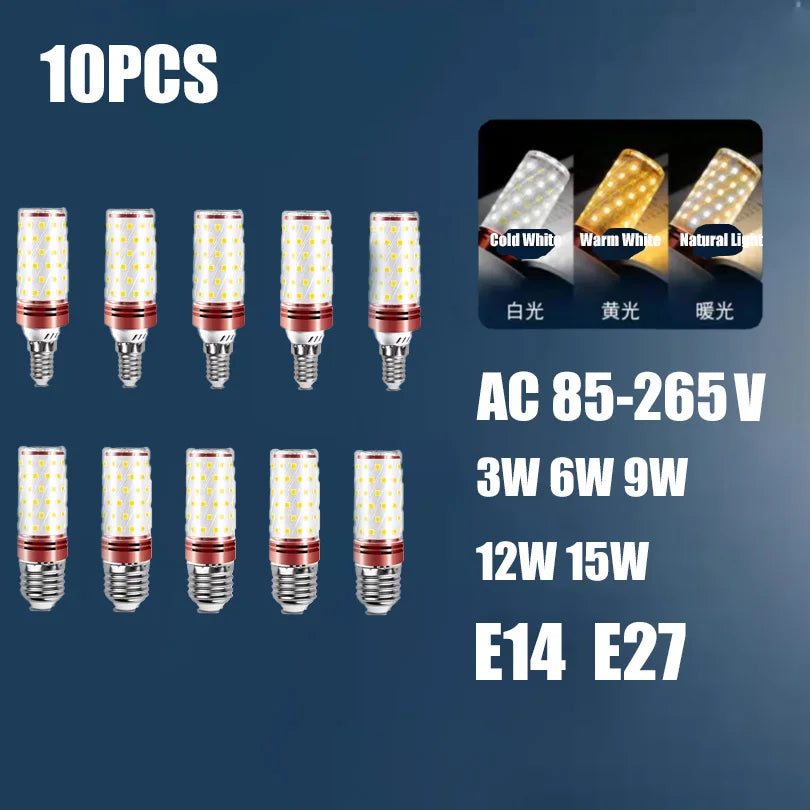 10PCS Corn Bulb Tube AC85-265V E27 E14 Screw 3/6/9/12/15W Easy To Assemble And Disassemble Suitable For Room Lighting.