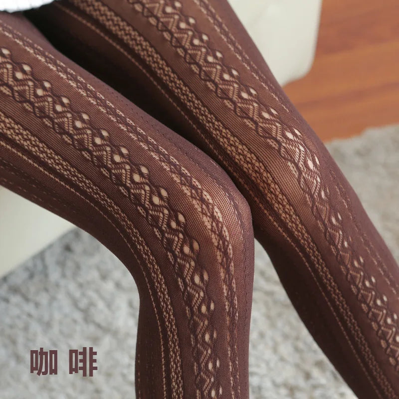 Sexy Lace Knitted Cotton Tights Women Girls Autumn Hollow Out Striped Stockings Hot Selling Female Solid Lolita Pantyhose