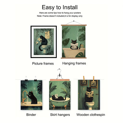 Set of 6 Unframed Cat Bathroom Canvas Prints - Whimsical & Funny Black Cat Wall Art Posters for Home Decor, Perfect for Livin.