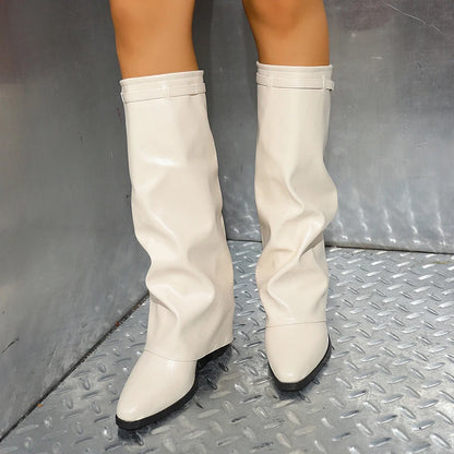 Fashion Wide Leg Knee High Boots Women Autumn Winter Slip On High Heels Pants Boots Woman Pu Leather Long Botas Plus Size 36-43.