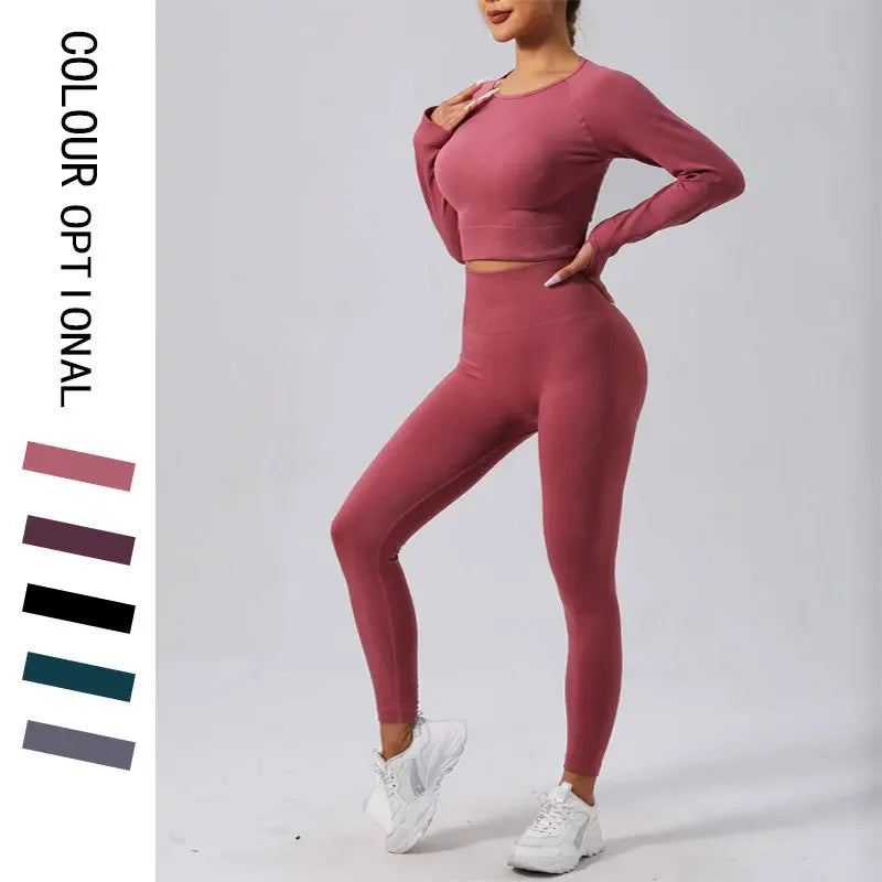 High Waist Nylon Seamless Knitted Yoga Wear Fitness Sportswear Quick Dry Breathable Butt Lifting Slimming Exercise Set.