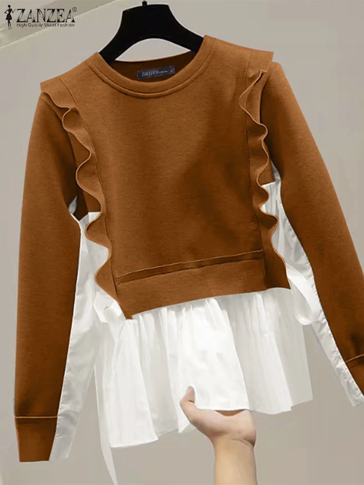 ZANZEA Plus Size Sweatshirts Elegante Pullover Herbst Langarm Damen Gut sitzende O-Ausschnitt Hoodies 2-teilige Strickpullover 5XL.