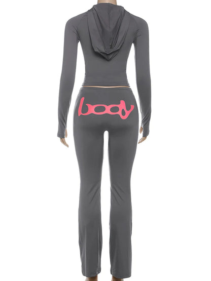 Weird Puss Letter Print 2 Piece Set Women Tracksuit Hooded Jacket+Leggings Matching Stretch Streetwear Casual Sporty Outfits.