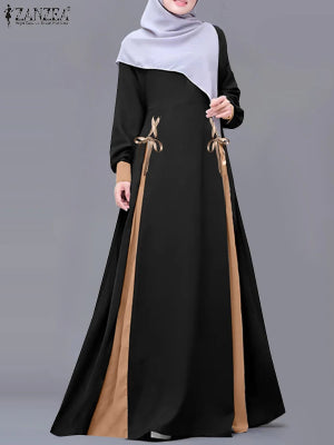 ZANZEA Mode Frauen Langarm Muslimischen Abaya Kleid Frühling Patchwork Maxi Kleider Robe Femme IsIamic Vestidos Lace Up Sommerkleid