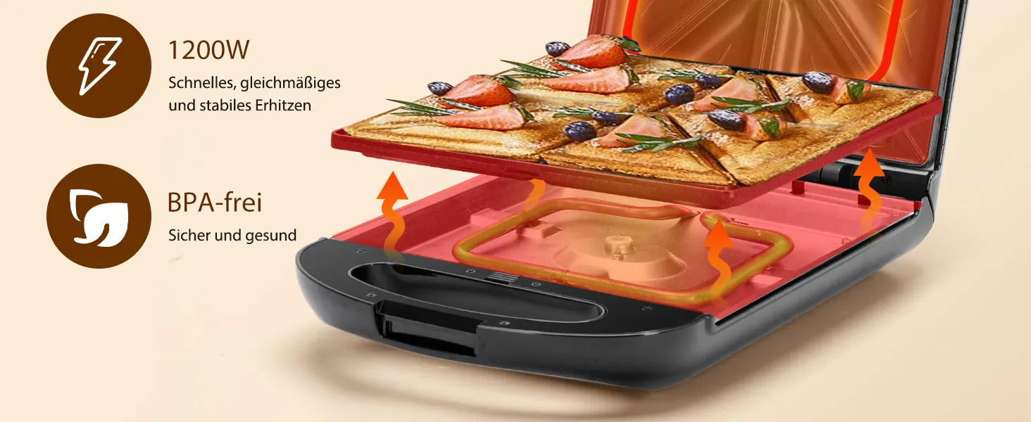 TAYLOR SWODEN 3-in-1 sandwich maker, waffle iron, baking tray, 1200 W, for 4 sandwiches, removable non-stick tray, 180° rotation.