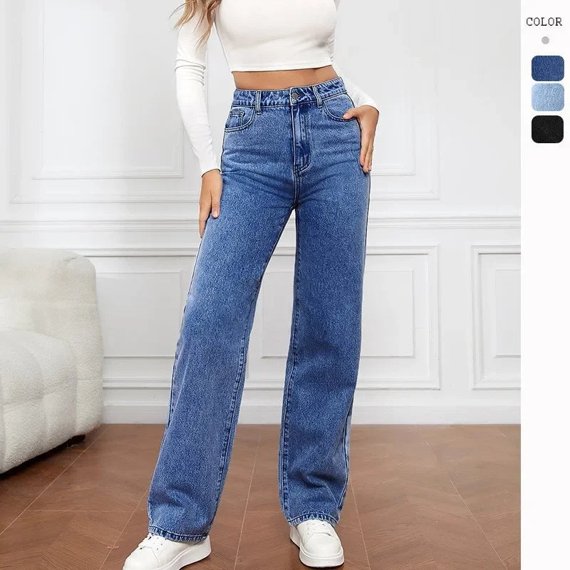 Casual Fashionable Elastic Washed Denim Straight Leg Jeans Women's Loose Straight Leg Trousers High Waist Chinese Production.