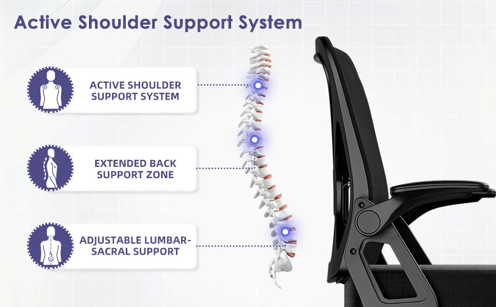 AUTHMIC Ergonomischer Bürostuhl mit Netzrücken, Lordosenstütze, hochklappbare Armlehnen, höhenverstellbar, für die Arbeit im Home-Office-Schreibtisch
