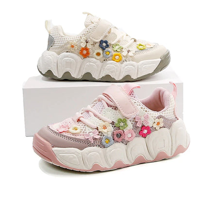 Girls Flowers Sports Shoes Children Princess Embroidered Running Shoes Air Mesh Girls Casual Sneakers Summer 2025 New
