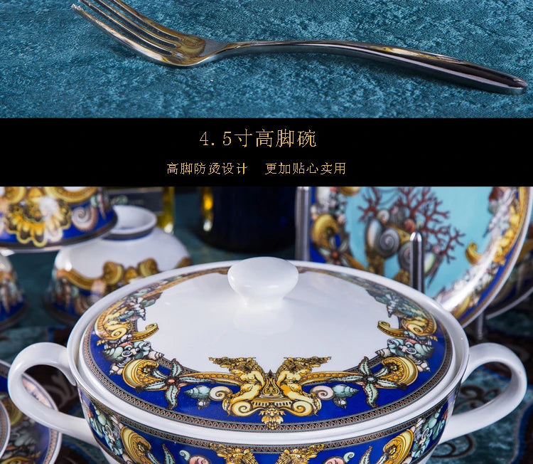 Luxury Blue Ocean Bone China Dishes Plates Western Clubhouse Upscale Heart Of The Sea Ceramic Tableware Decorative Plate.