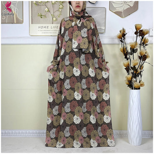 2025 New Muslim Abayas For Women Ramadan Prayer Garment Dubai Middle East Femme Robe Cotton Loose African Dress Turban Attached.