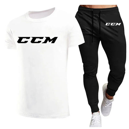 CCM New Men's Tracksuits summer men's sets fitness wear short-sleeved T-shirts+trousers set cotton brand Men's clothing.