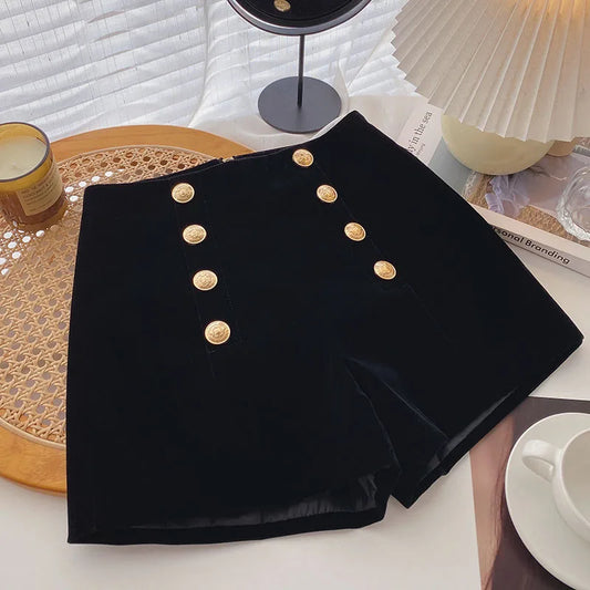 Velvet Black High Waist Slim Shorts Thicked Women's Winter New Korean Fashion Double-breasted Wide Leg Short Pants.