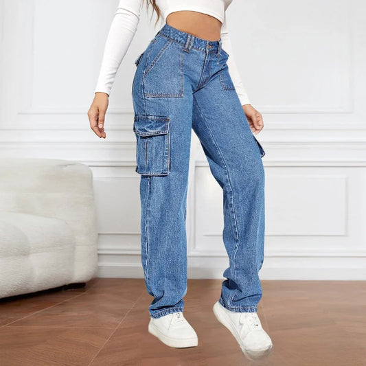 Street Style Casual Wide Leg Jeans Multiple Pockets High Waist Straight Cut Non-Stretch Denim for Women Trendy Autumn 2025.