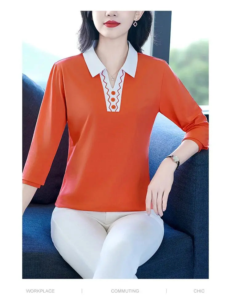 2025 Autumn New Women Clothes Office Lady Simplicity Patchwork Polo-Neck Top Tee Ladies Fashion Loose Buttons Long Sleeve Shirts