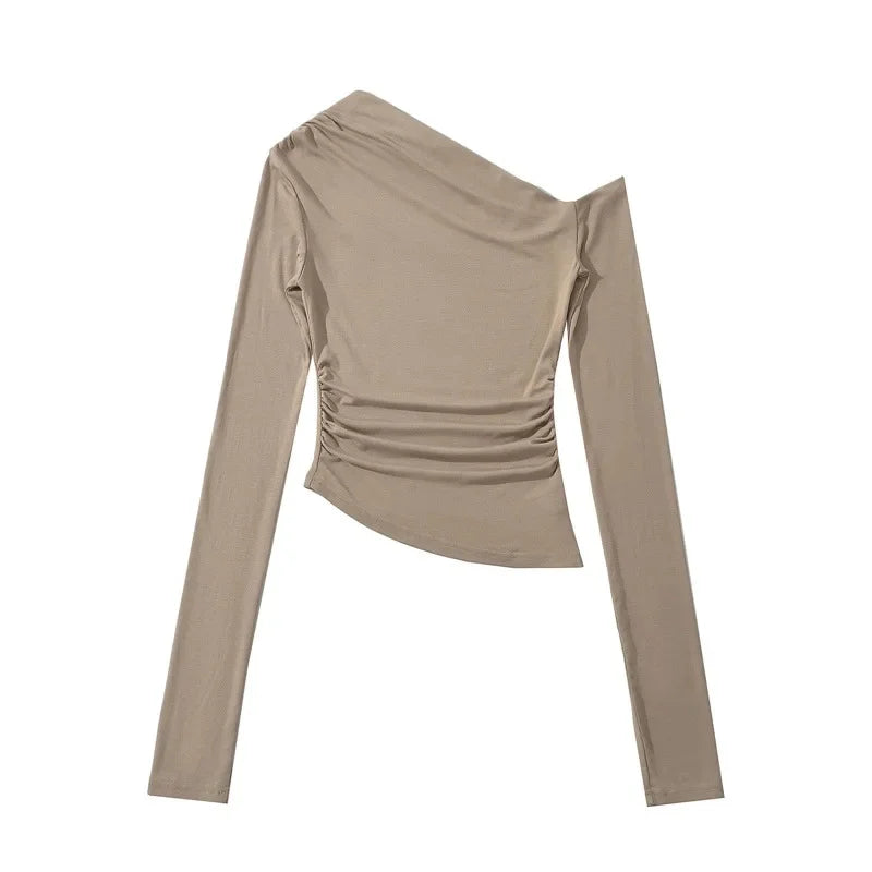 Slim Fit Long Sleeve T-Shirt Irregular Hem Slant Collar Pleated Pure Desirable Sexy Top for Women Fashionable Autumn New Style