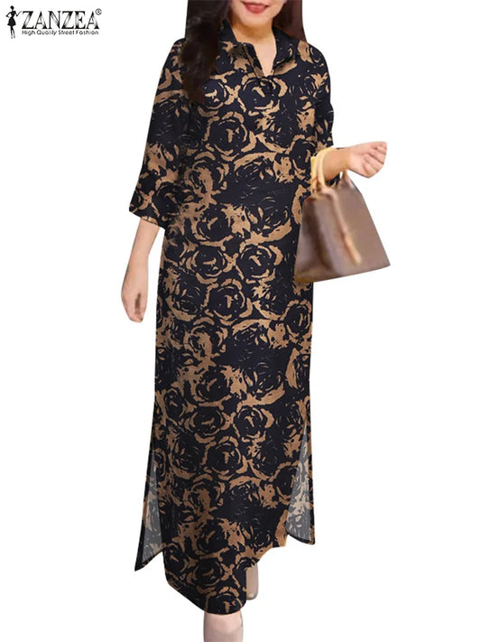 ZANZEA Blumendruck, lässig, lang, Vestidos, reine Baumwolle, Vintage-Stil, Schlitz am Saum, 2024, Herbst-Hemdkleid, 3/4-Ärmel, Damen-Urlaubs-Maxikleid