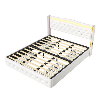 Rosahqnda Modernes Doppelbettgestell aus weißem PU-Leder, vergoldetes Kopfteil mit vier Schubladen ohne Matratze