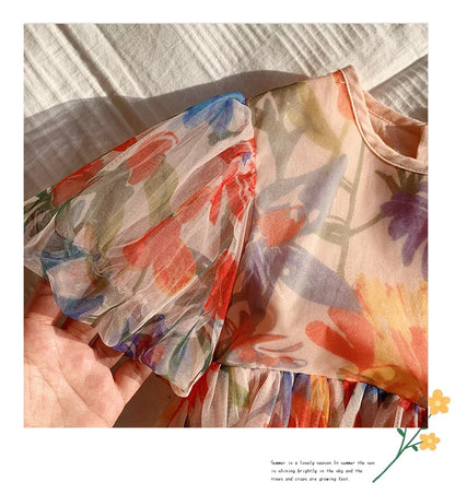 2023 sommer Kinder Kleidung Puff Sleeve Blumen Druck Kleid Für Mädchen Mesh Kinder Kleid für Mädchen