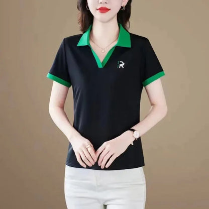 Loose Fit Polo Shirt Short Sleeve Turn-down Collar T-shirt for Middle-aged Mothers Summer New Style Sport Casual Top plus Size.