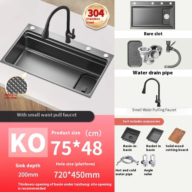 Stainless steel Kitchen Sink Thick Embossed Large Single Slot vegetable washbasin Dishwashing Sink Undermount Basin