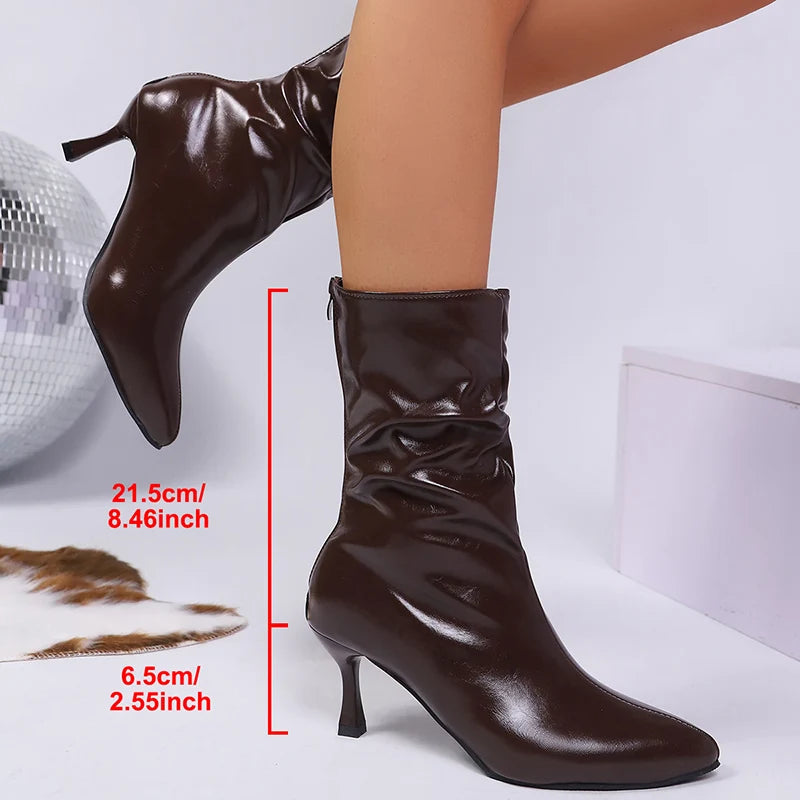 Sexy Pu Leather Thin High Heels Boots Women Back Zipper Pointed Toe Ankle Boots Woman Fleece Lining Warm Short Booties Mujer 42.