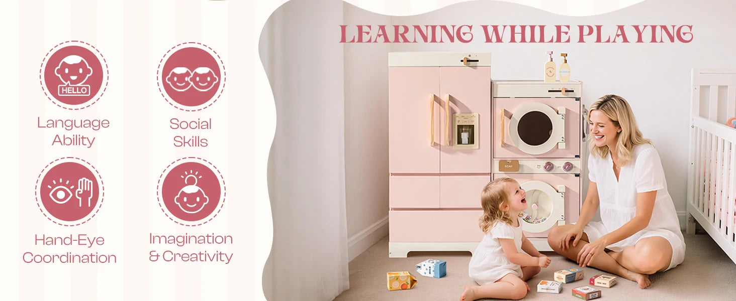 Robotime Robud Kids Corner Kitchen Playset Wooden Play Kitchen Set with Realistic Sound Pretend Play Gift for Boys Girls Pink.