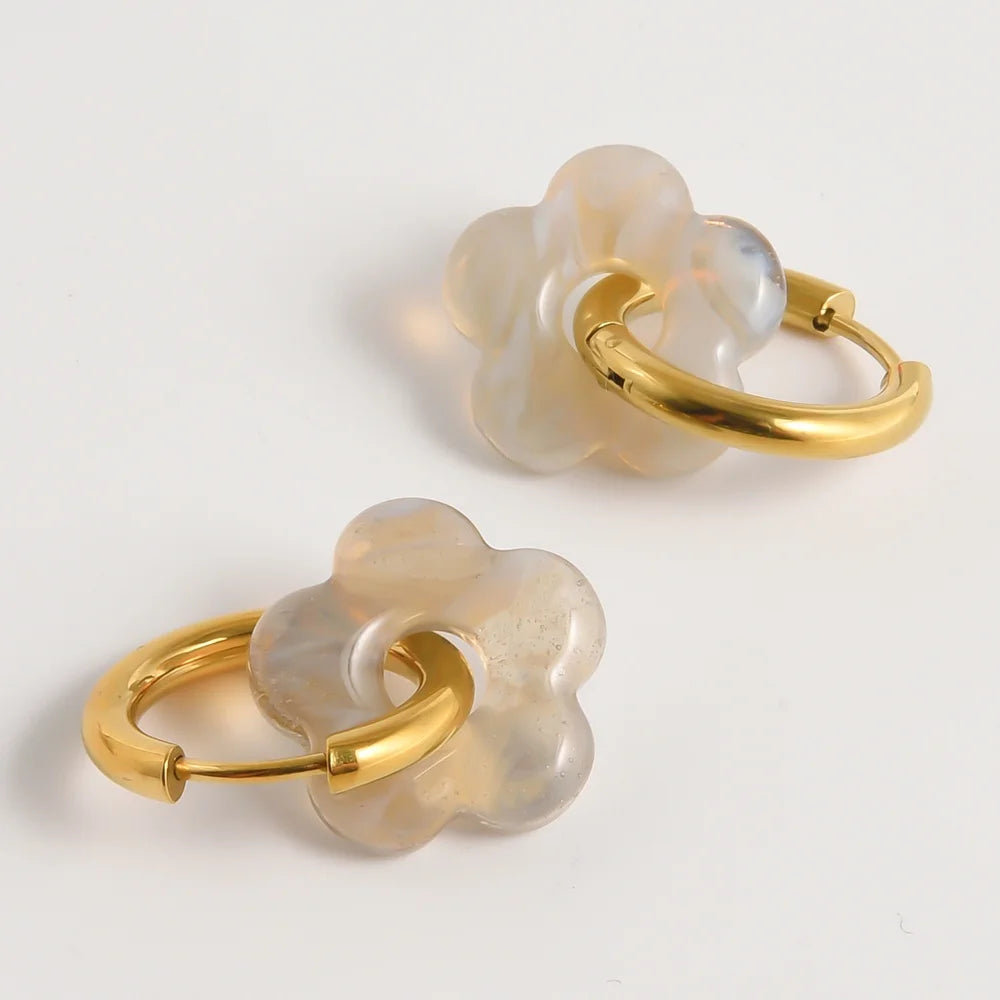 Colorful Flower Glass Drop Charms Earring Gold Color Circle Ear Buckle Hoops Stainless Steel Earrings Fashion Jewelry for Women