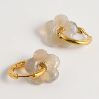 Colorful Flower Glass Drop Charms Earring Gold Color Circle Ear Buckle Hoops Stainless Steel Earrings Fashion Jewelry for Women