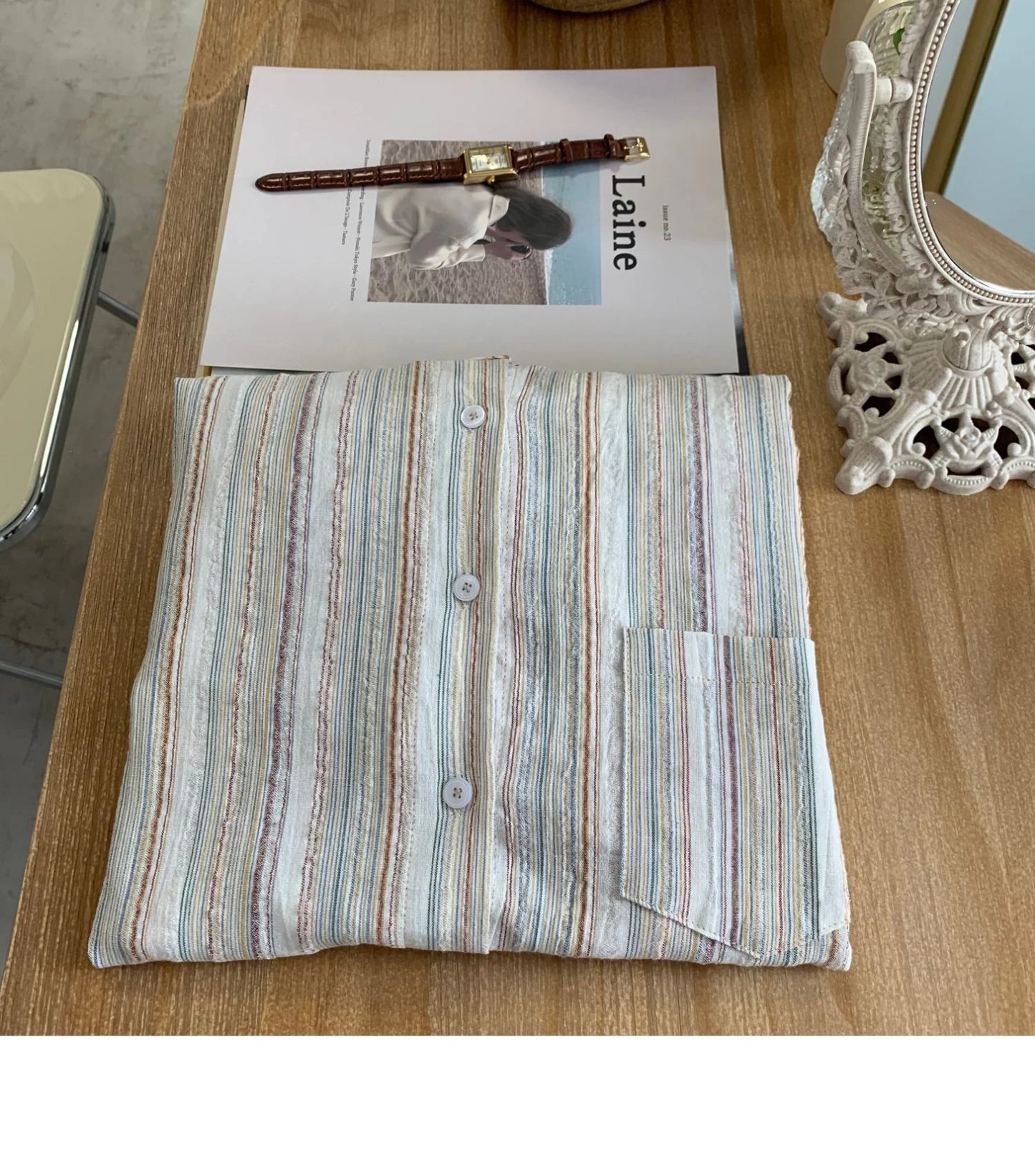 Vintage Office Lady Striped Shirt Spring Pocket Turn Down Collar Tops Korean Style Loose Long Sleeve Blouse Casual Women Clothes.