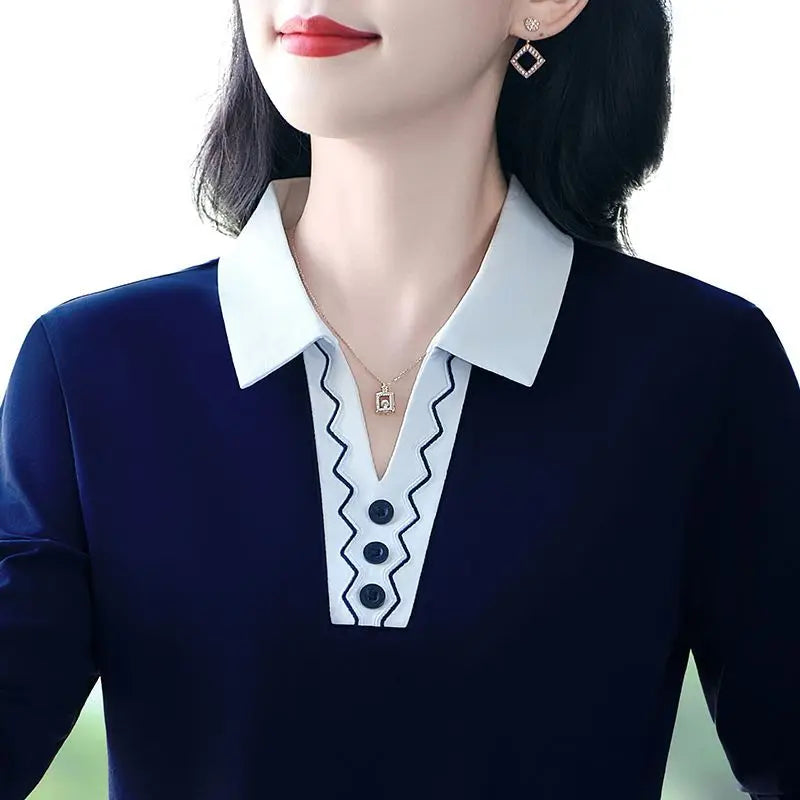 2025 Autumn New Women Clothes Office Lady Simplicity Patchwork Polo-Neck Top Tee Ladies Fashion Loose Buttons Long Sleeve Shirts