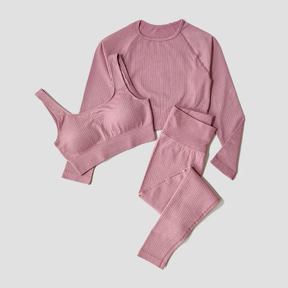 Women's Sportswear Yoga Set Workout Clothes Athletic Wear Sports Gym Legging Seamless Fitness Bra Crop Top Long Sleeve Yoga Suit