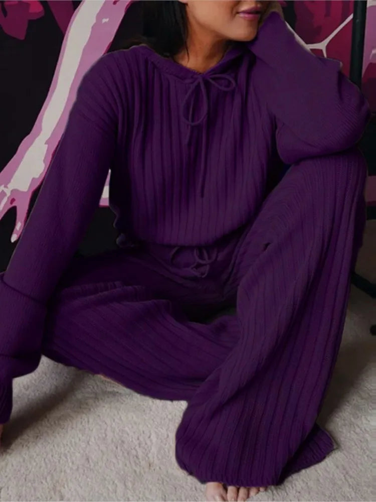 Autumn New Knitted Cotton Sliver Hooded Women's Long Pants Suit Casual Fashion Drawstring Lace Up Pants Female 2 Piece Set 2025