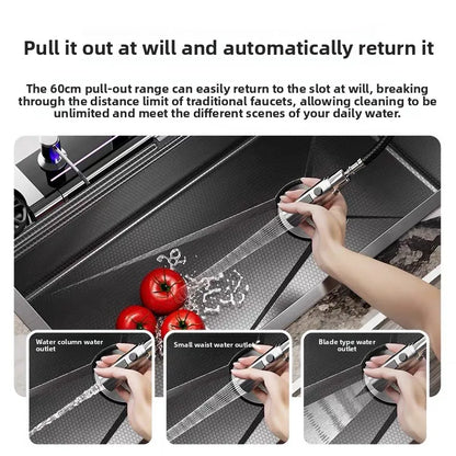 304 Edelstahl Wasserfall Küchen spüle große Einzels chlitz integrierte Digital anzeige Wasserhahn Set Seifensp ender Tasse Waschmaschine