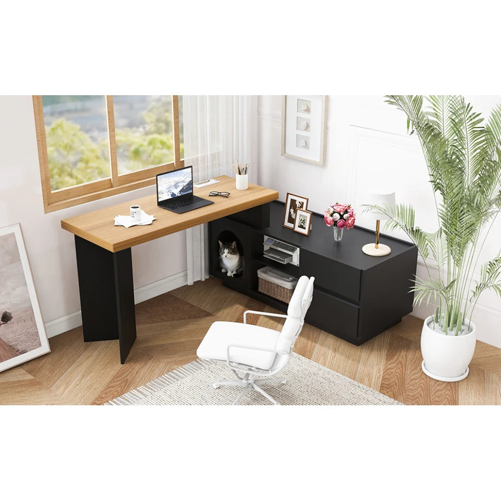 Eckschreibtisch mit integriertem Tierhaus – 120 x 50 cm, L-förmig oder einteilig, Eckschreibtisch für das Heimbüro mit XL-Tierhöhle