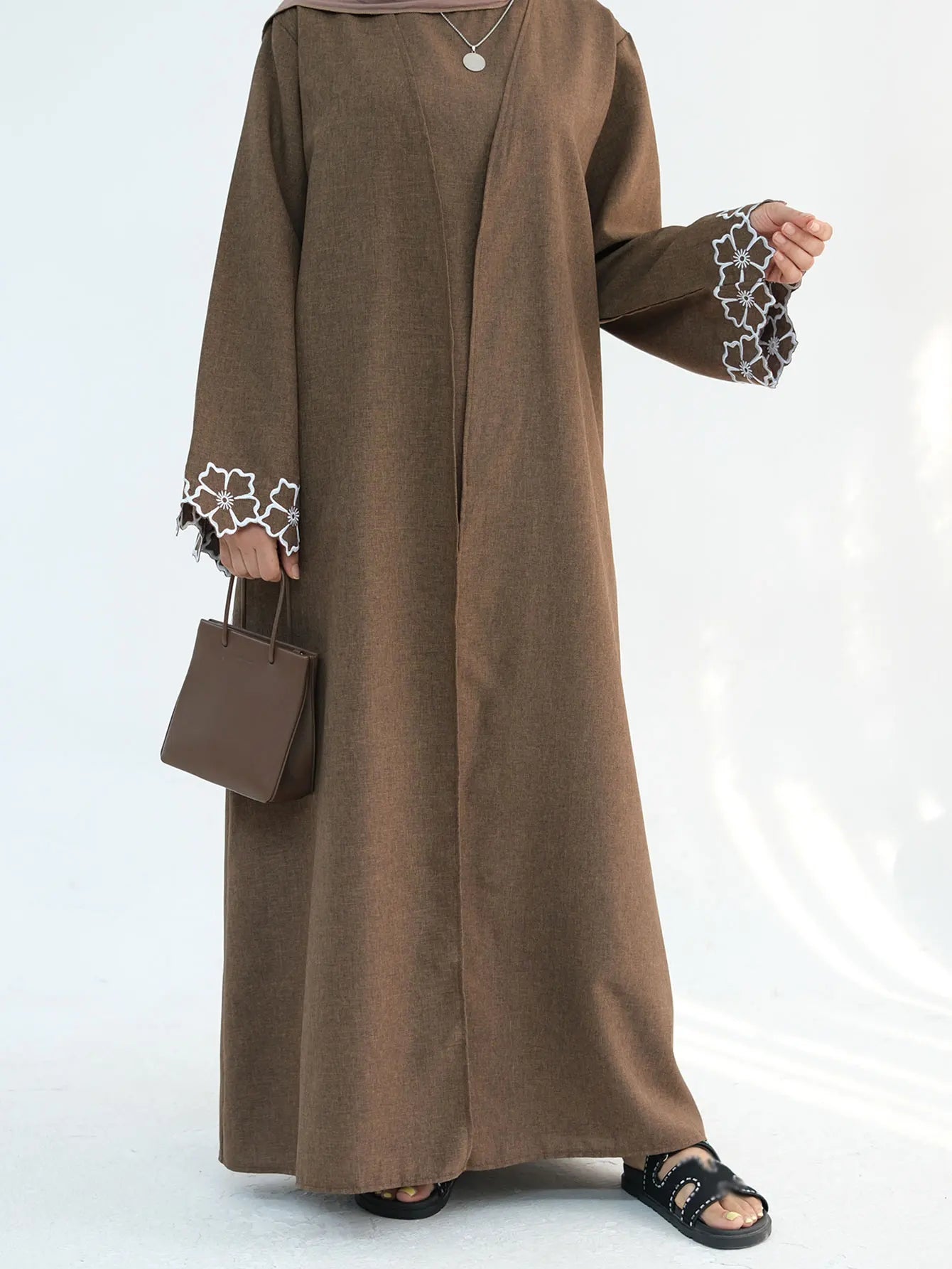 Chic Coffee Color Outer Piece Abaya Geometric Cuff Embroidery Ideal Modern Muslim Women Suitable for Daily/Semi formal Occasion.