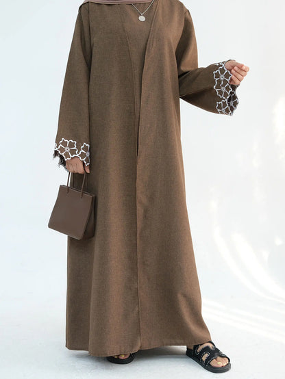 Chic Coffee Color Outer Piece Abaya Geometric Cuff Embroidery Ideal Modern Muslim Women Suitable for Daily/Semi formal Occasion.
