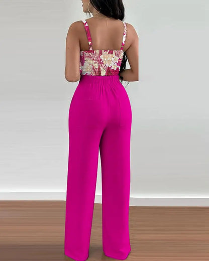 Women Fashion Print Halter V-Neck Short Tank Suit Tops Long Pants Matching Set Summer Casual Female Slim Pants Two Piece Sets