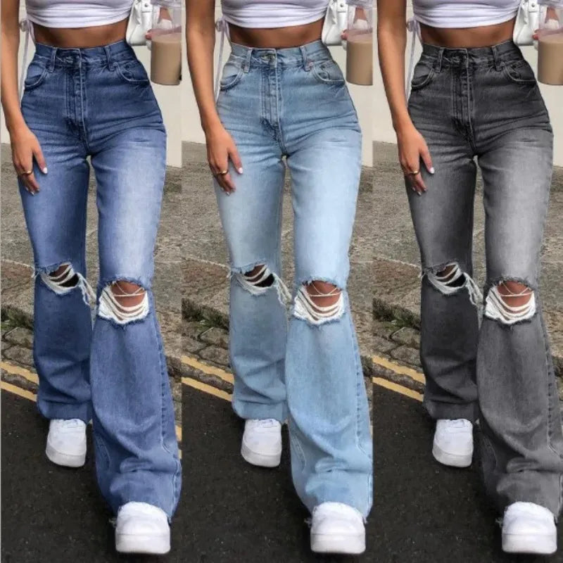 Women's Spring and Fall New Fashion Casual Ripped High-waisted Slightly Flared Pants Jeans Slim-fit Wash Jeans Long Pants Y2k.