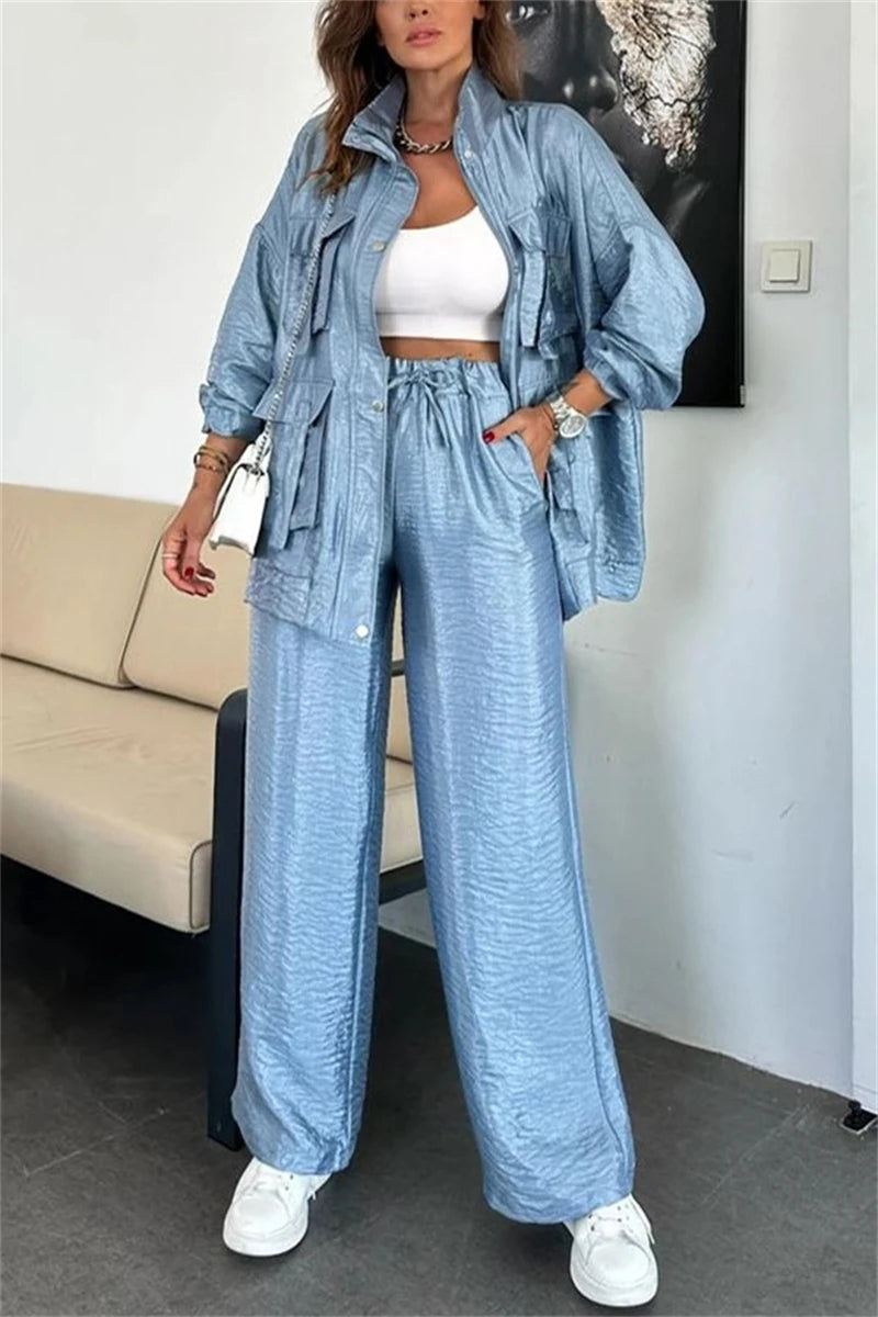 Streetwear 2 Piece Sets Women Outfit Spring Clothes Women 2025 Solid Pocket Jacket Top and Pant Sets Safari Style Tracksuits Set