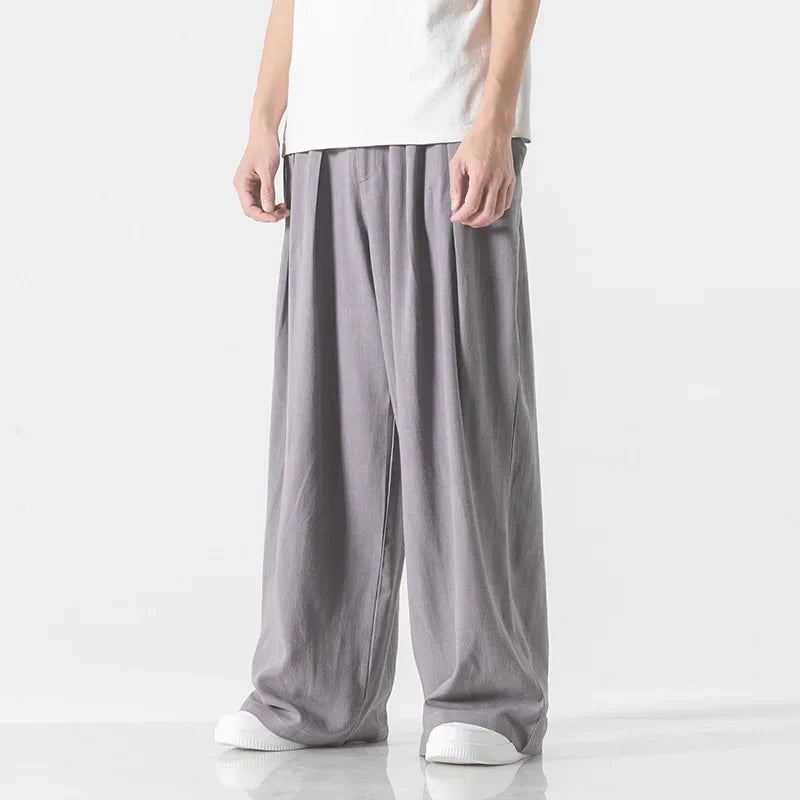Hanfu Spirit Draped Linen Pants For Men Straight-leg Casual Trousers Chinese Style Loose-fit Ancient Wide-leg Song Trousers.